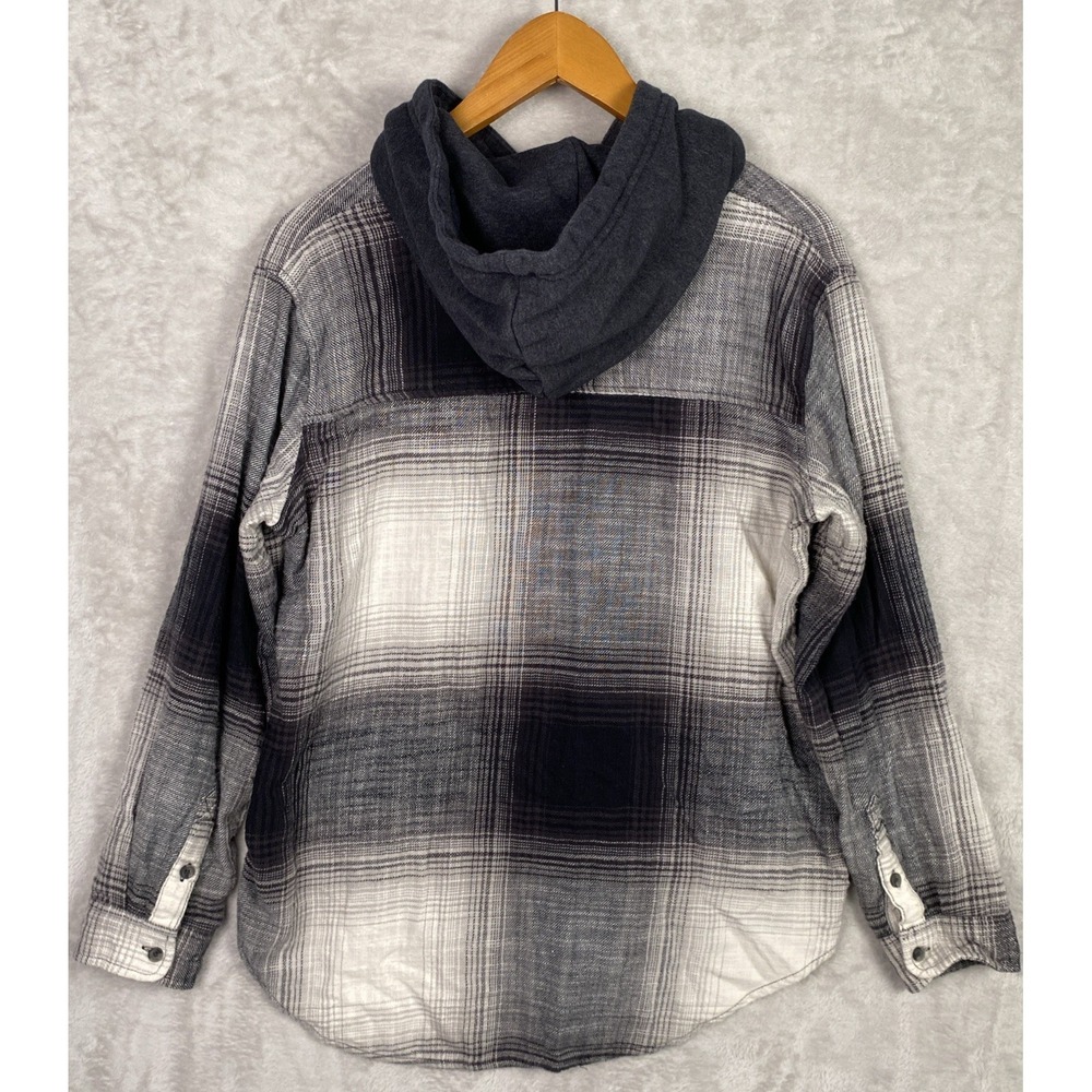 American Eagle Womens Hooded Flannel Shirt Plaid Small Black Gray Grunge Skater - Picture 10 of 11